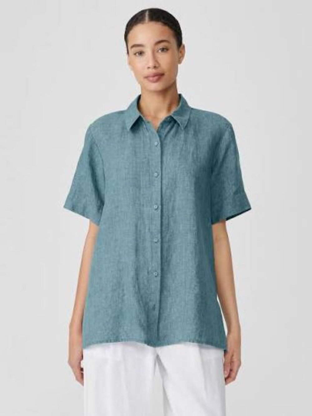 Eileen Fisher Blue Organic Linen Short Sleeve Button Down Top
